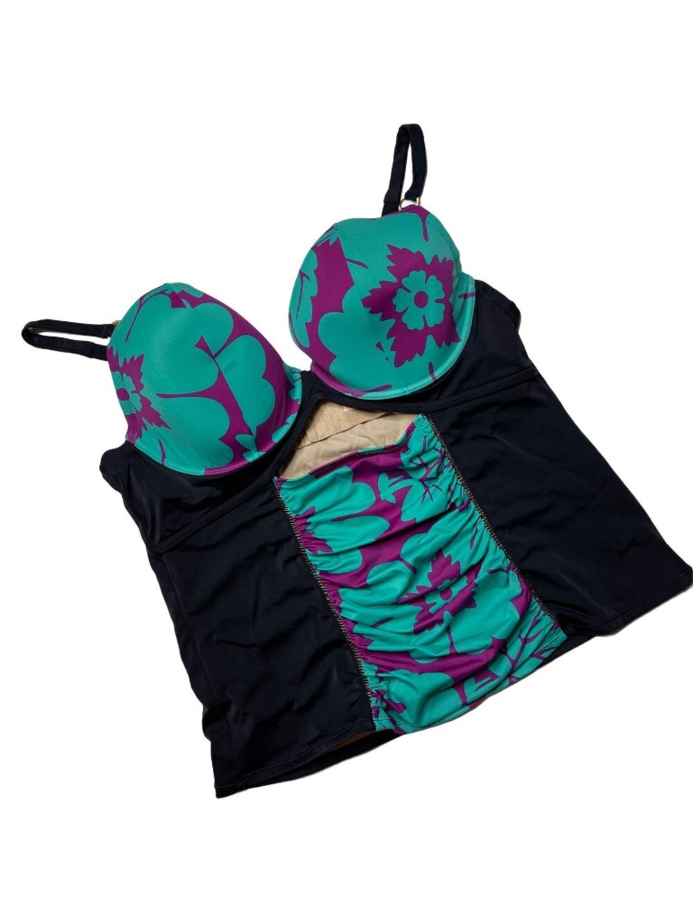Sophie Theallet Cacique Tankini Swim Top 44DD Purple Turquoise Black Keyhole